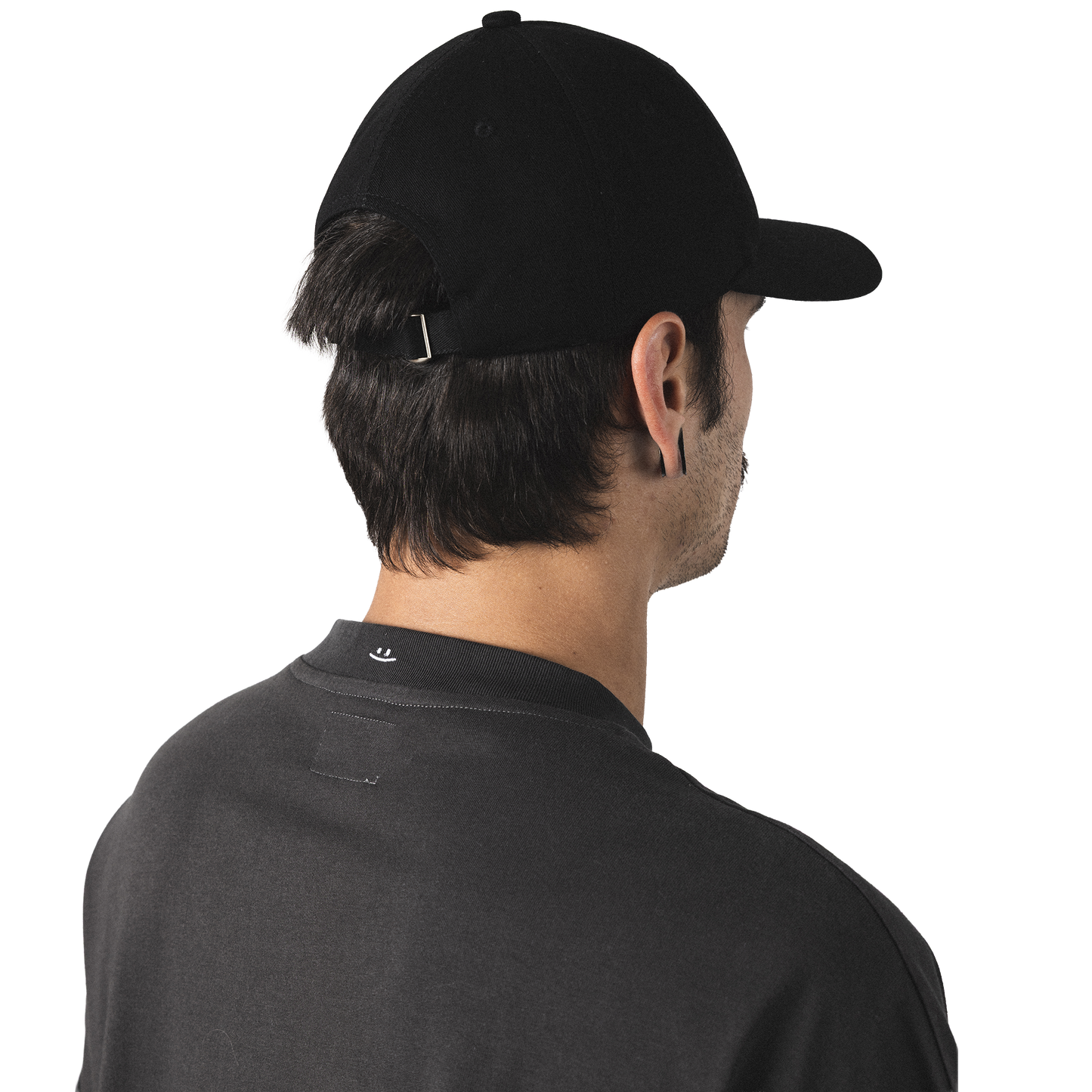 Oversized heavy cotton t-shirt closeup back model view minimalist not weird design with smiley embroidery