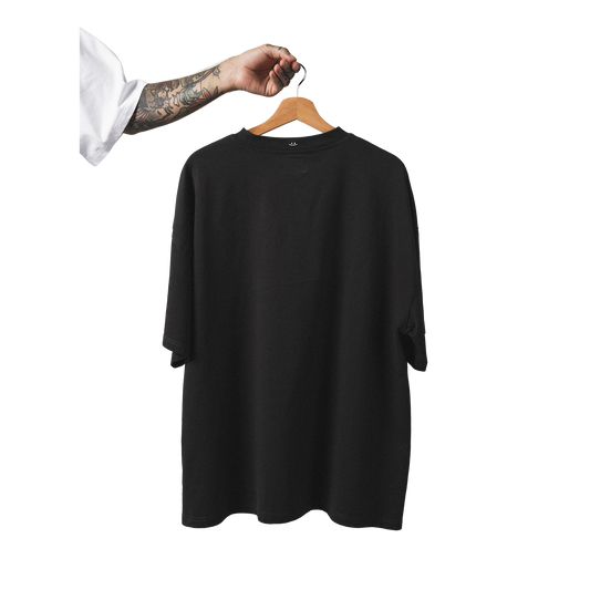 Oversized heavy cotton t-shirt front back view minimalist not weird design with smiley embroidery on neck