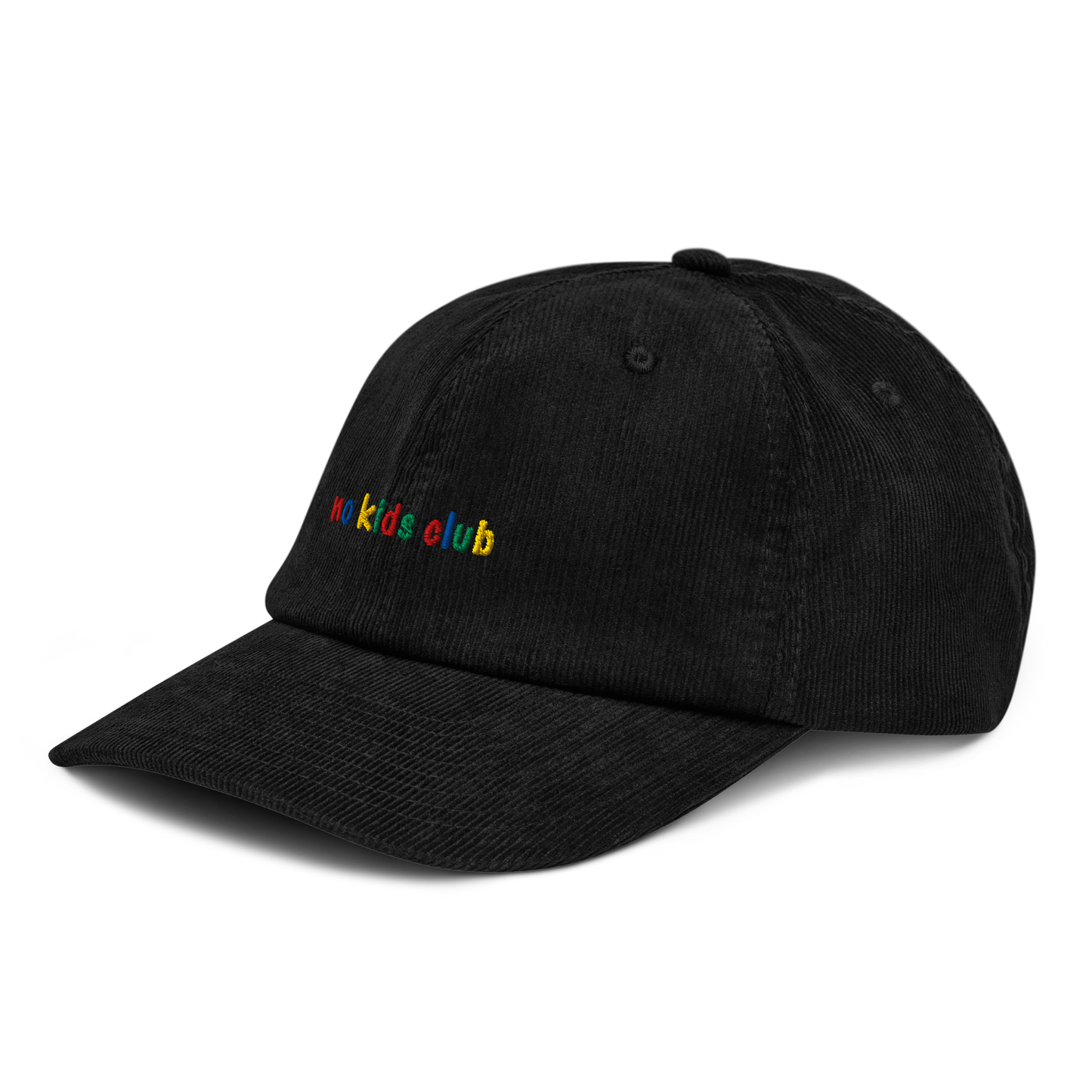 Black corduroy cap, three-quarter front view – no kids club embroidery detail