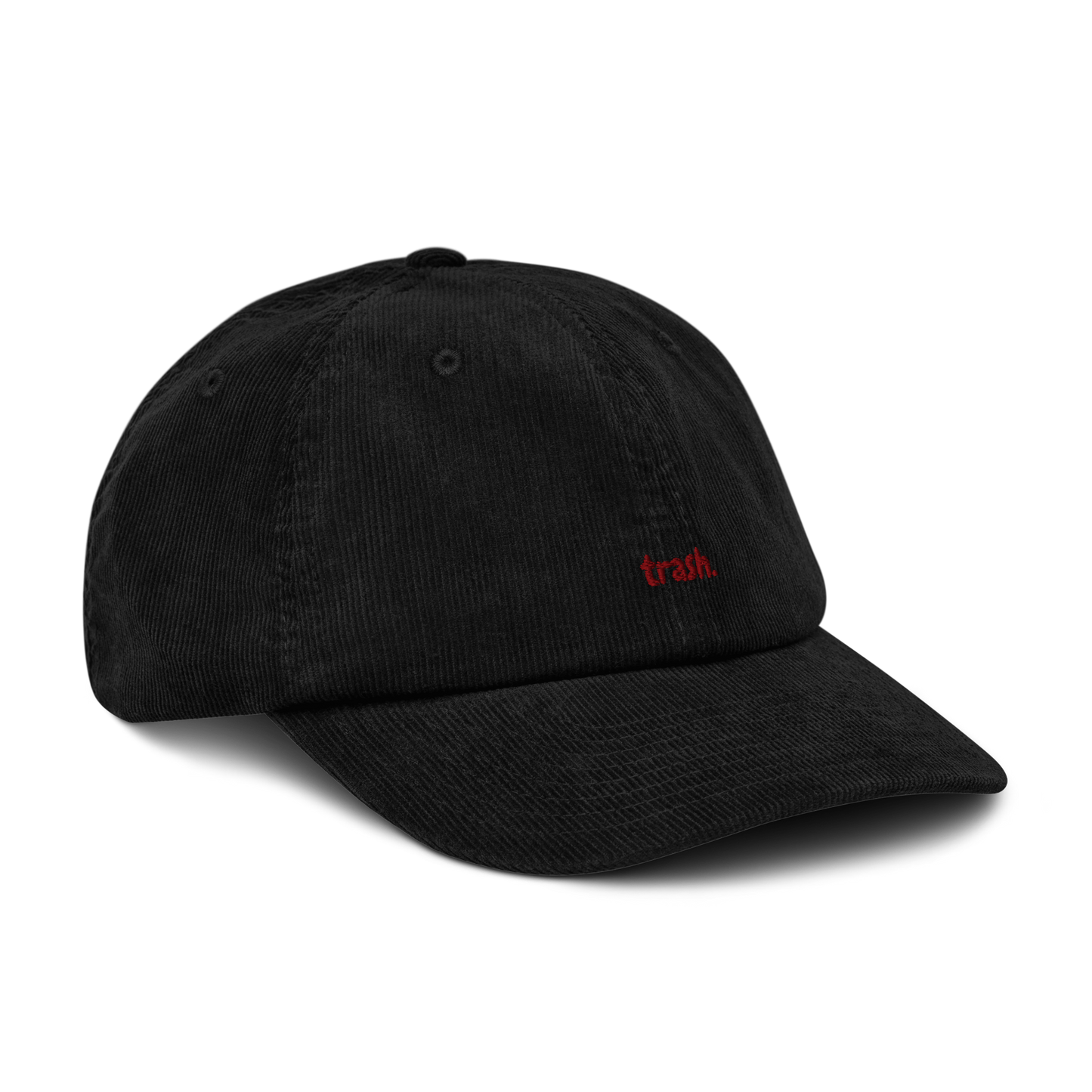 oddjuice trash cap – three-quarter view showing red trash embroidery and cap profile