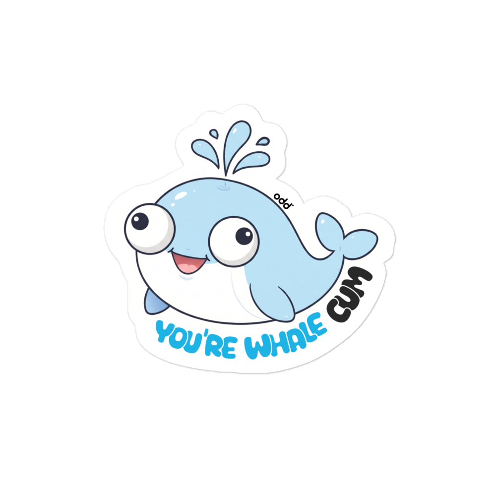 oddjuice whale sticker – kiss-cut vinyl sticker showing cute cartoon whale character, full view, large