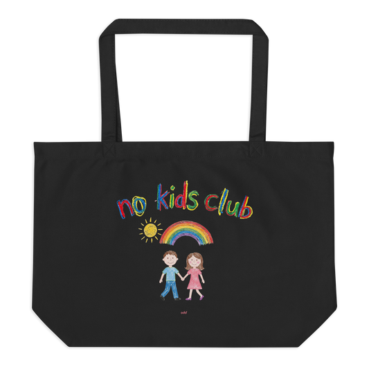 Black large tote bag, back view – kids figure print detail