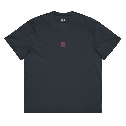 navy blue boxy oversized unisex t-shirt, front view, "disgust" print