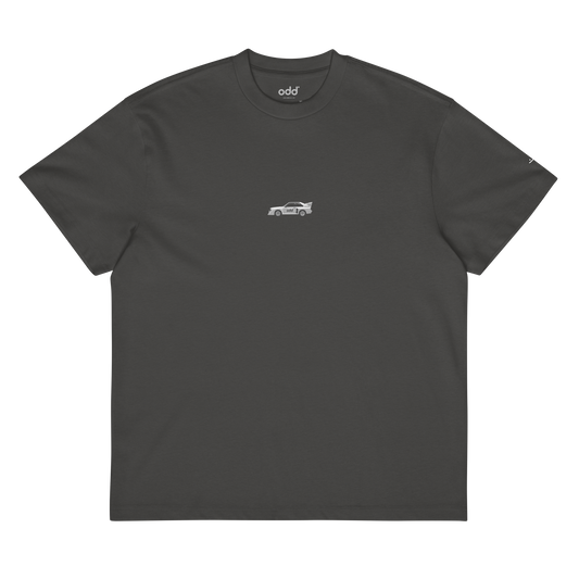 vintage black grey boxy oversized unisex t-shirt, front view, sport quattro print