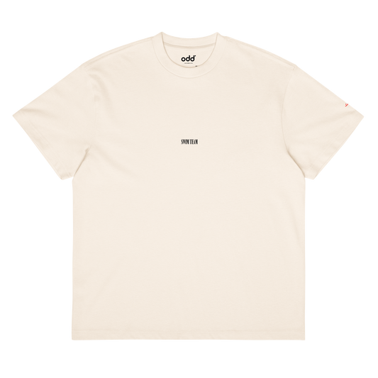 Cream boxy t-shirt, front view – small "swim team" text on chest