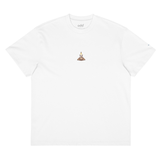 white boxy oversized unisex t-shirt, front view, moth with light bulb print