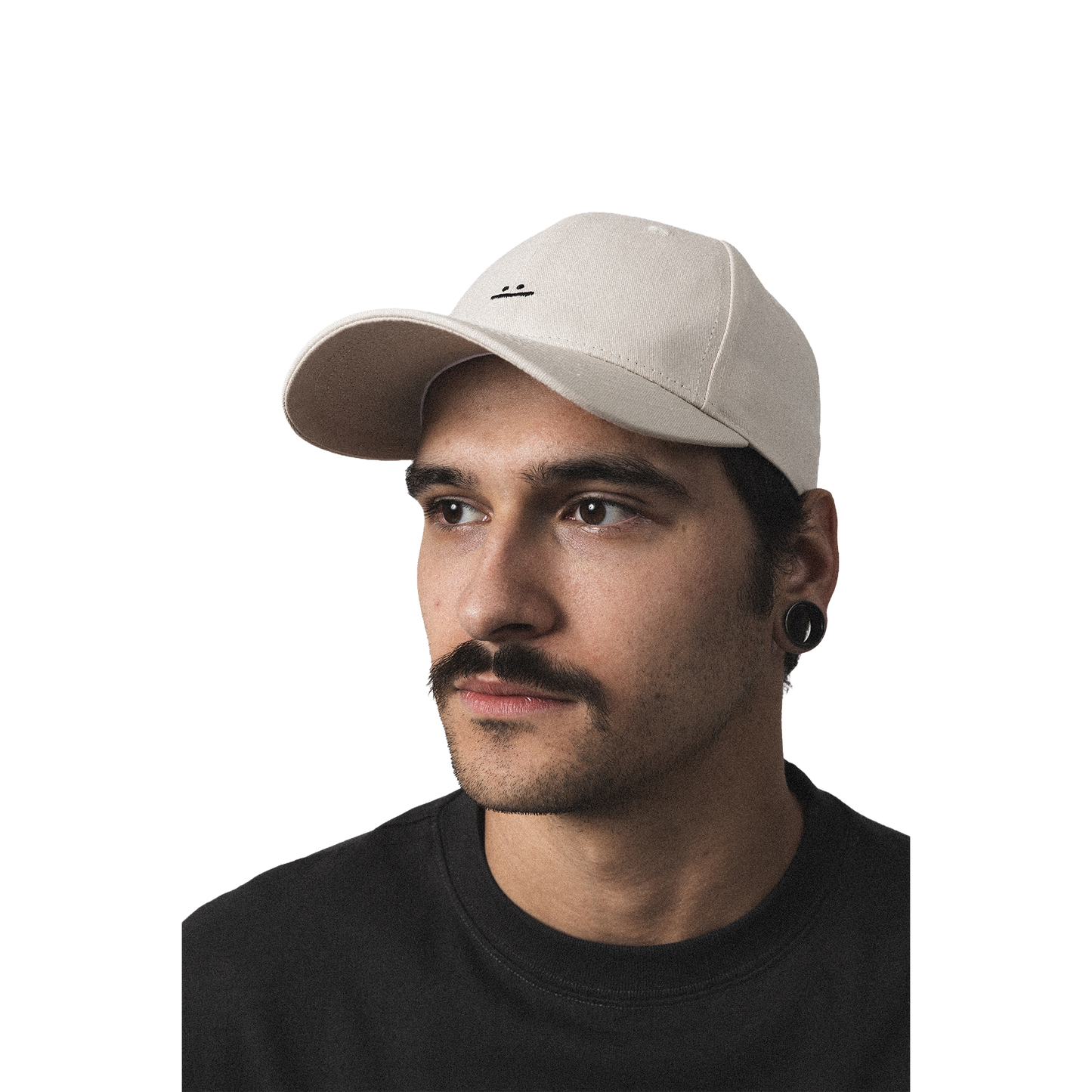 Minimalist beige cap with embroidered smiley design streetwear style model closeup front view