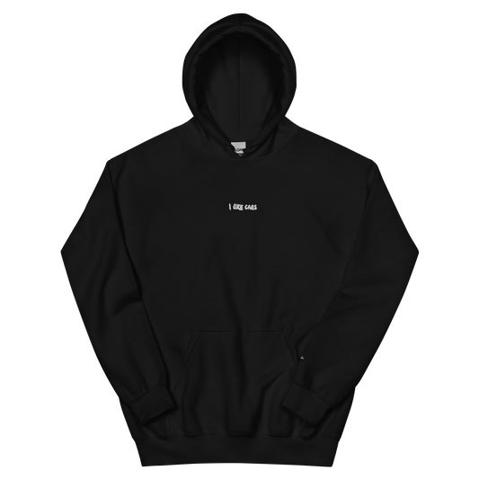 Black unisex hoodie, front view – small "I LIKE CARS" embroidery on chest