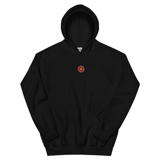 Black unisex hoodie, front view – small friendly looking flower embroidery on chest