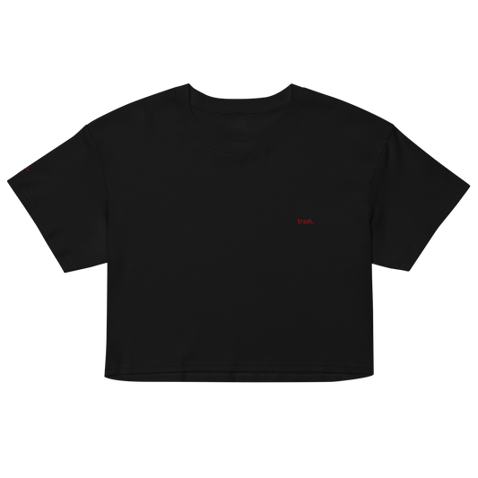 oddjuice trash crop top – black cropped tee with embroidered red "trash" text, front view