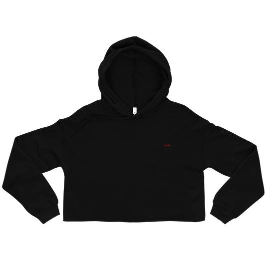 oddjuice trash hoodie – front view flat lay, embroidered red "trash" on black crop hoodie