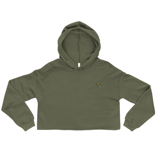 Olive green cropped hoodie, front view – "no kids club" embroidery on chest