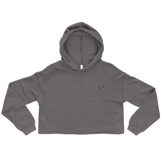 Storm grey cropped hoodie, front view – small colorful "no kids club" embroidery on chest