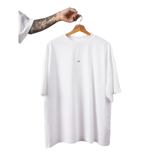 Oversized heavy cotton t-shirt front view minimalist smiley design