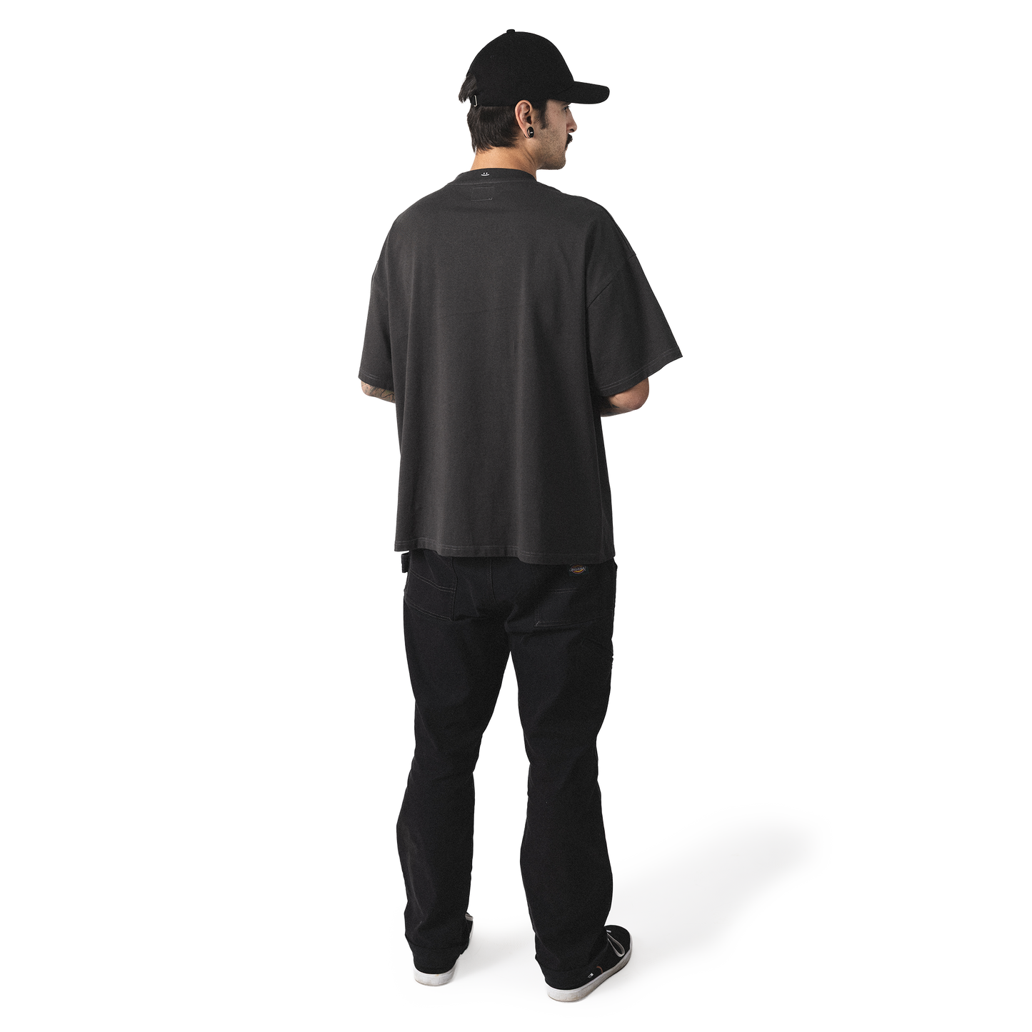 Oversized heavy cotton t-shirt back model view minimalist not weird design with smiley embroidery