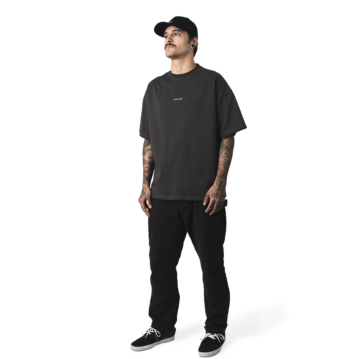 Oversized heavy cotton t-shirt front model view minimalist not weird design with embroidery