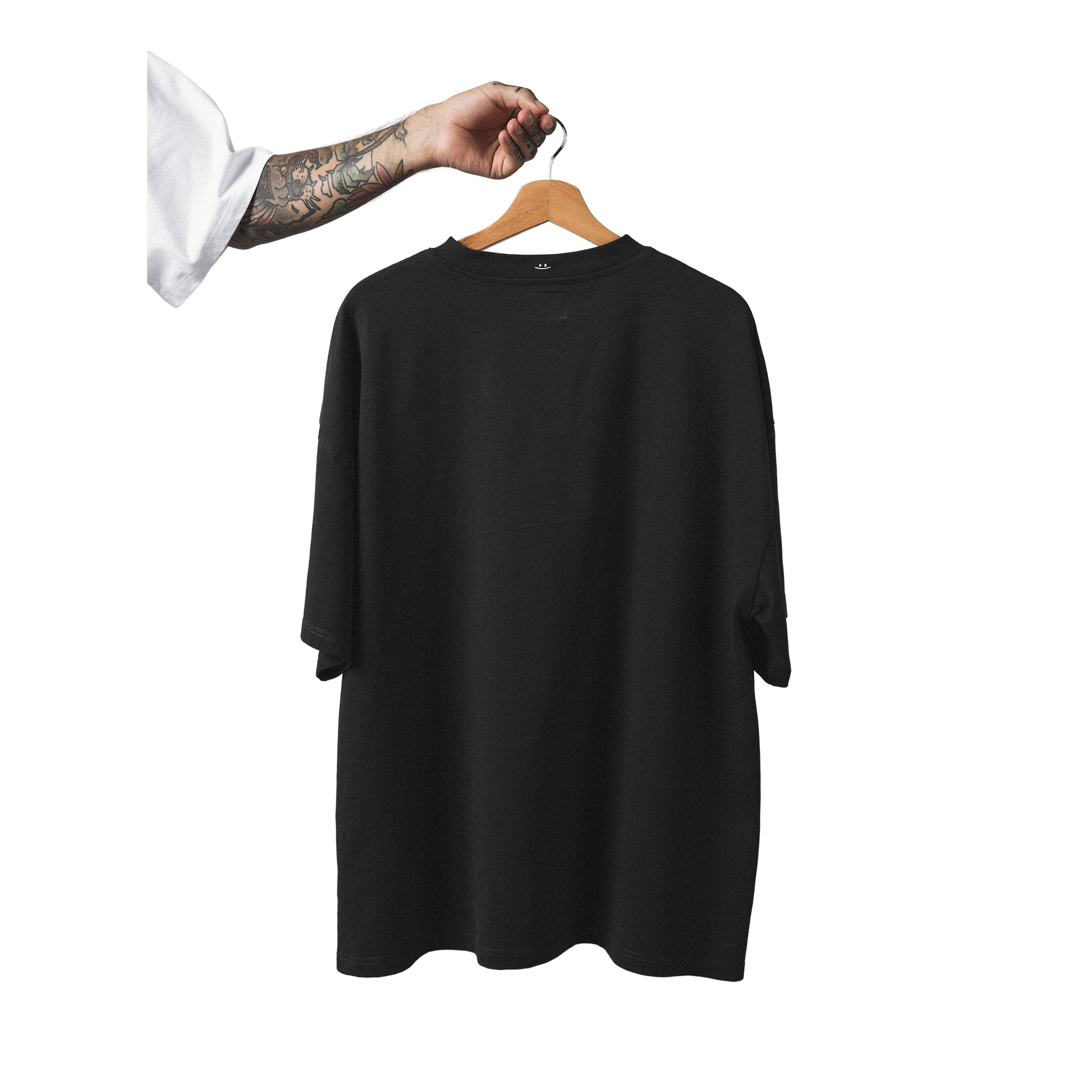 Oversized heavy cotton t-shirt front back view minimalist not weird design with smiley embroidery on neck