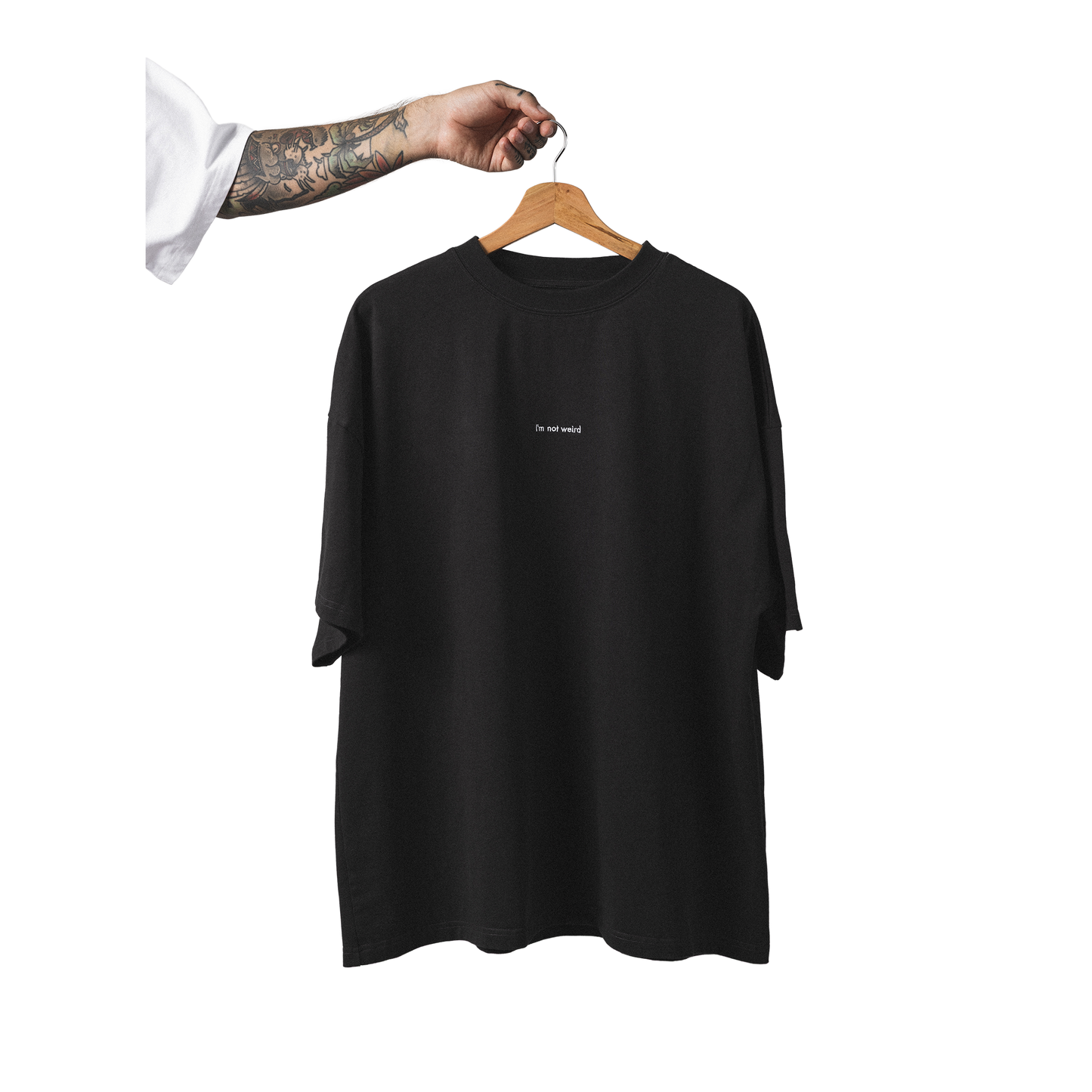 Oversized heavy cotton t-shirt front view minimalist not weird embroidery design