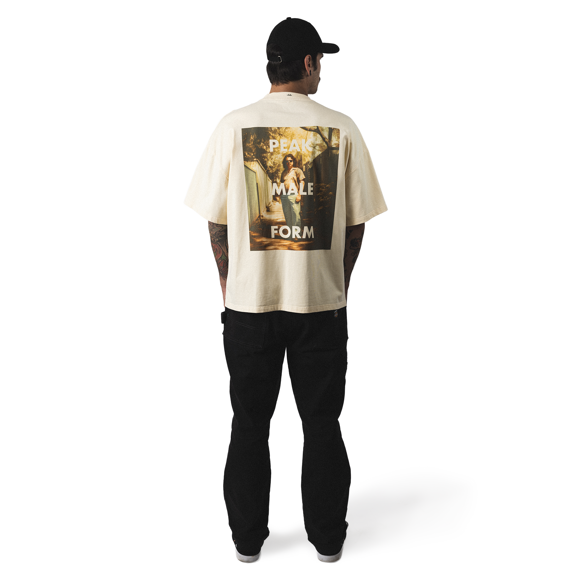 Oversized heavy cotton t-shirt back model view minimalist peak male form design back print with smiley embroidery
