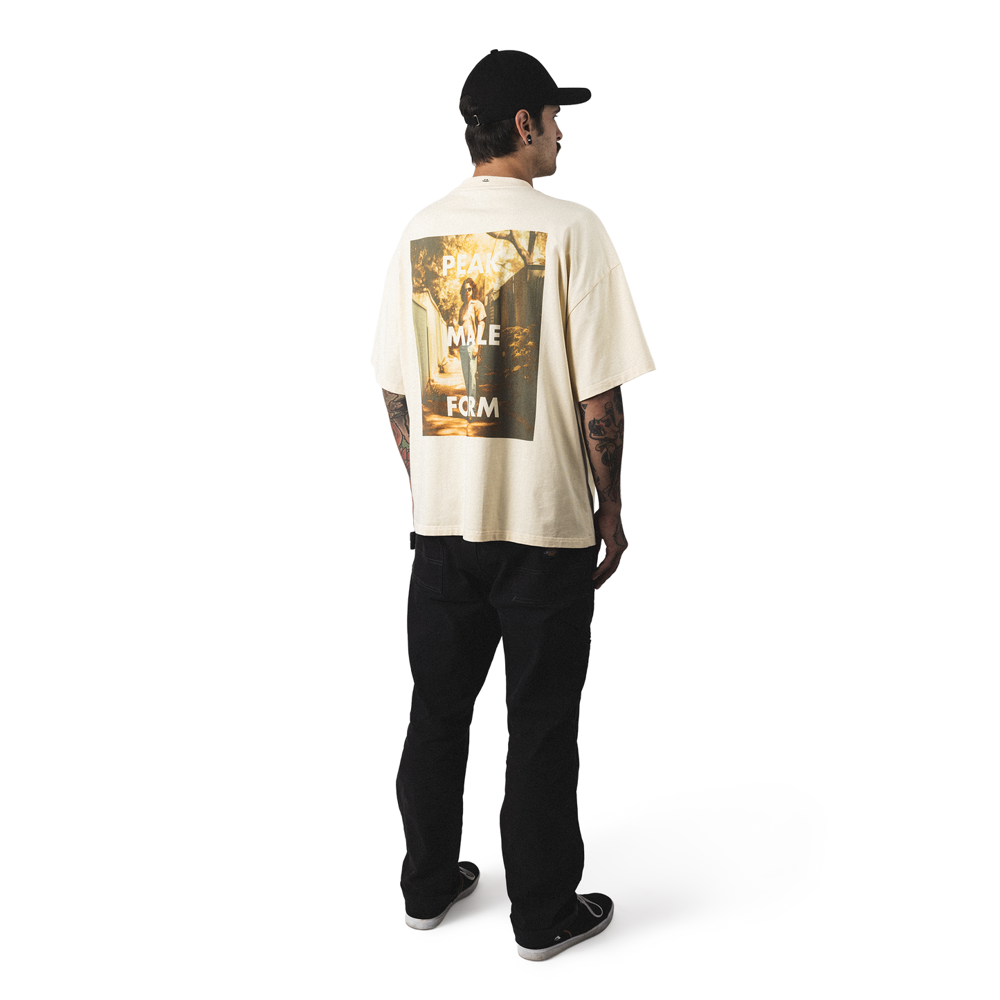 Oversized heavy cotton t-shirt back model view minimalist peak male form design back print with smiley embroidery