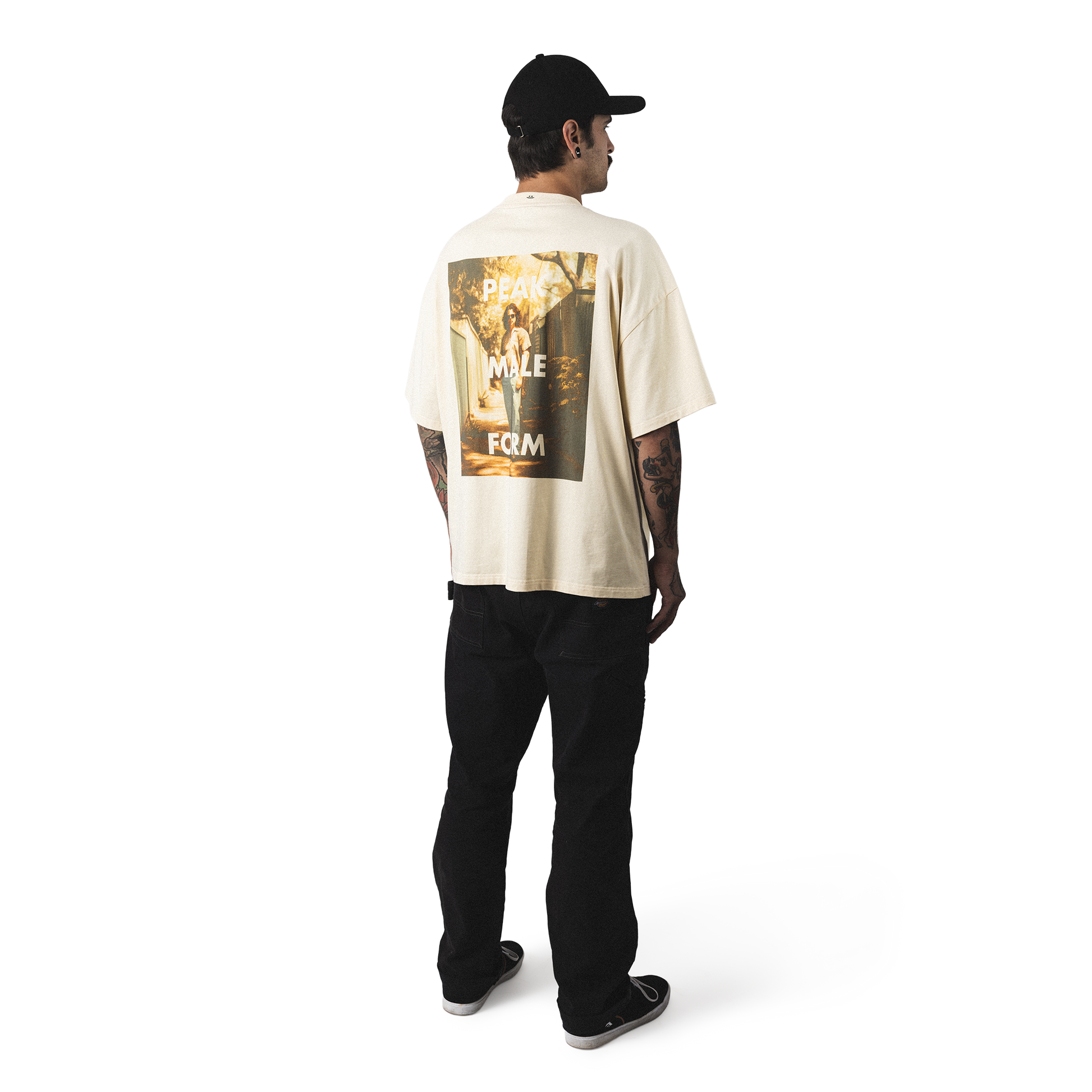 Oversized heavy cotton t-shirt back model view minimalist peak male form design back print with smiley embroidery