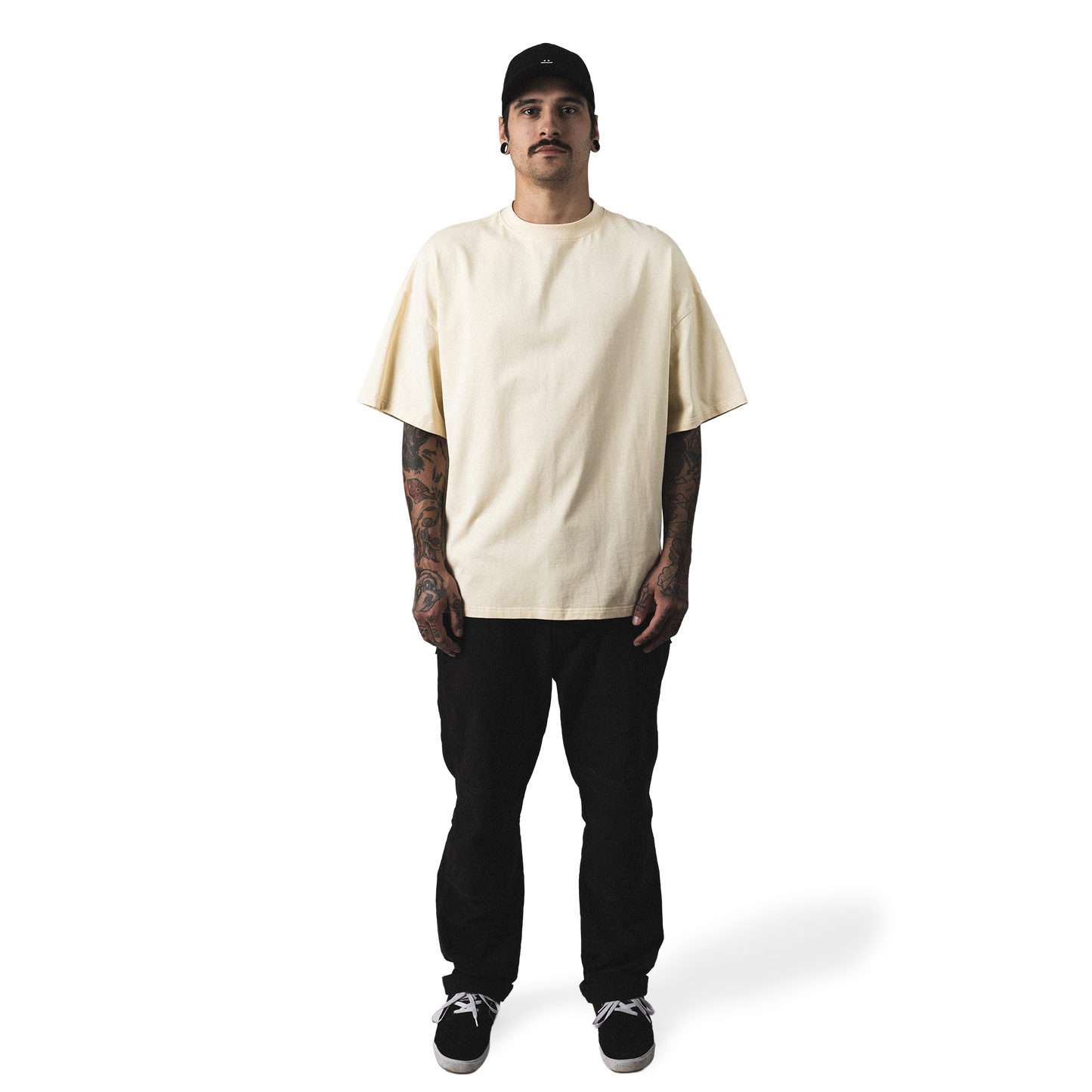 Oversized heavy cotton t-shirt front model view minimalist peak male form design