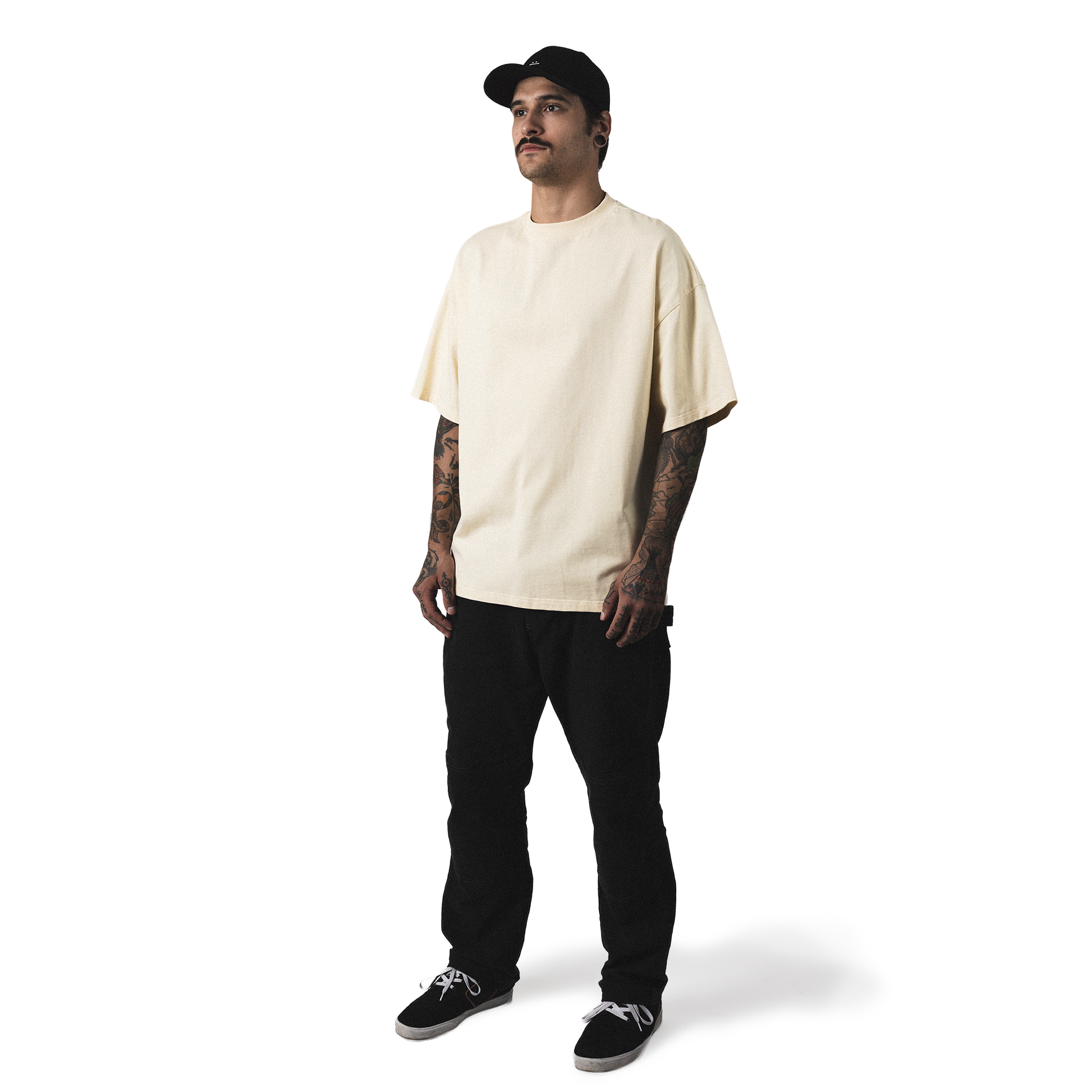 Oversized heavy cotton t-shirt front model view minimalist peak male form design