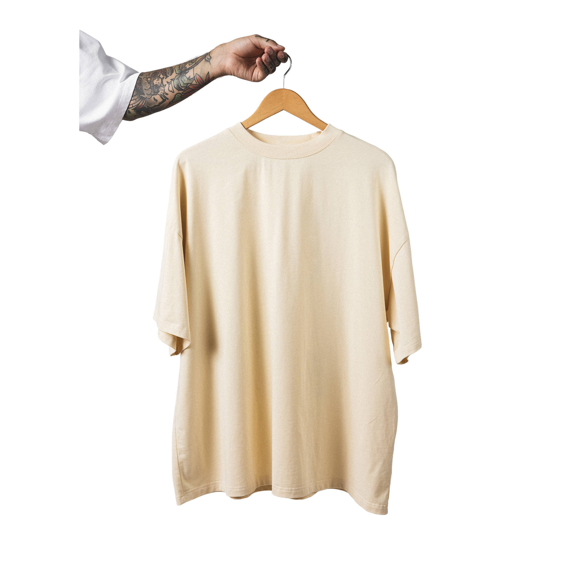 Oversized heavy cotton t-shirt front view minimalist peak male form design