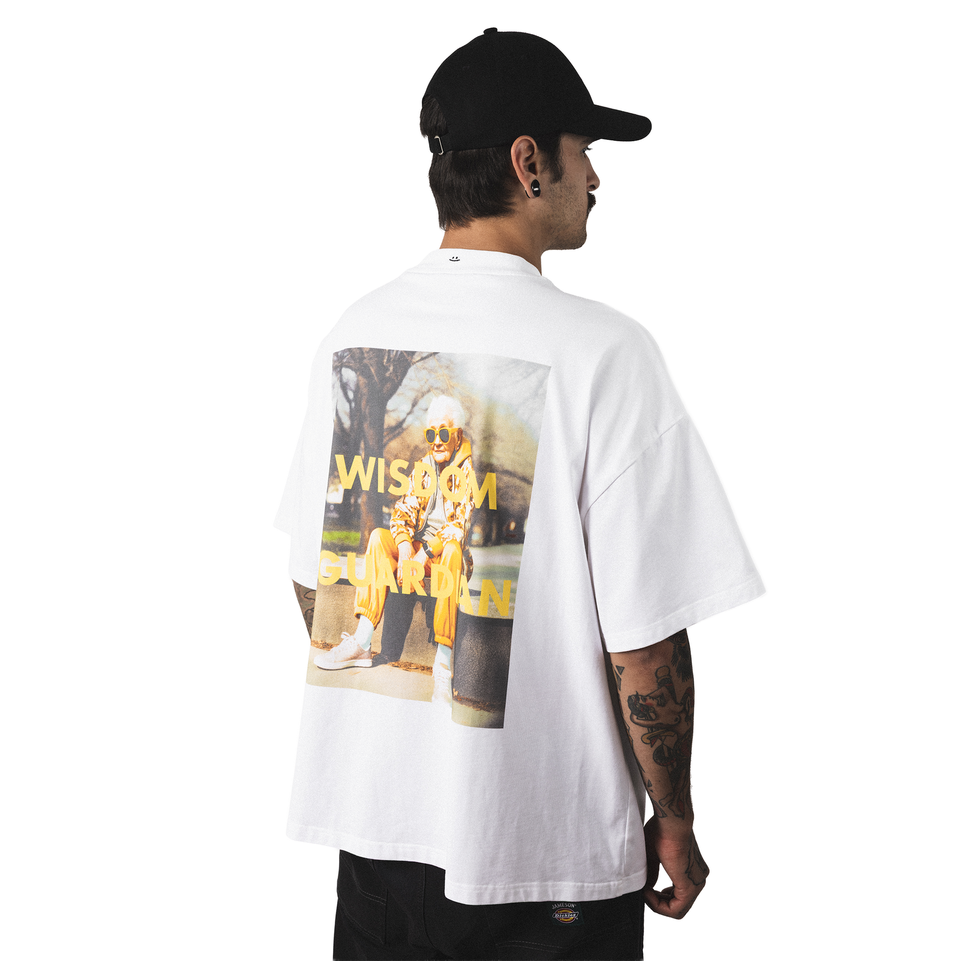 Oversized heavy cotton t-shirt back model view minimalist wisdom guardian back print design with smiley embroidery