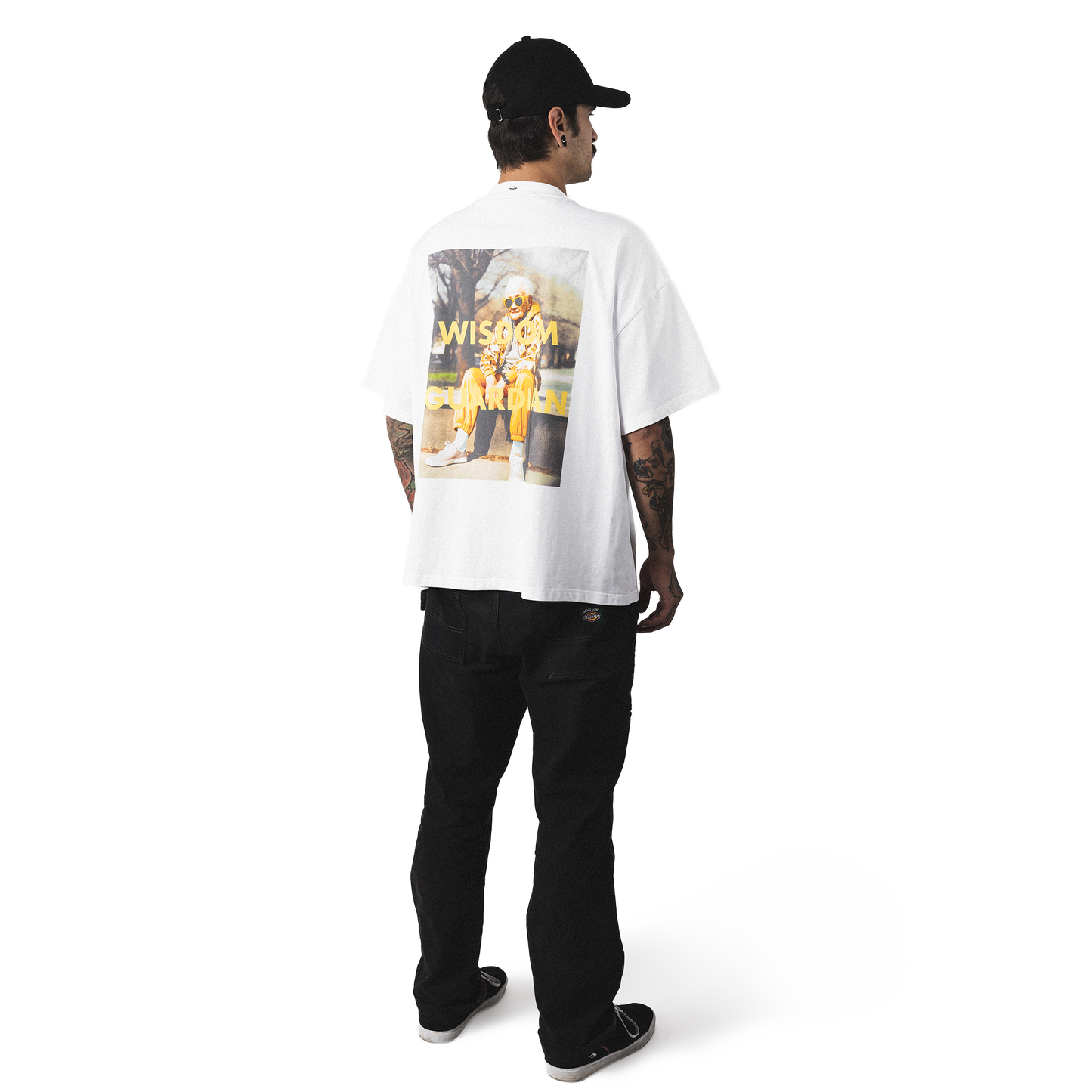 Oversized heavy cotton t-shirt back model view minimalist wisdom guardian back print design with smiley embroidery