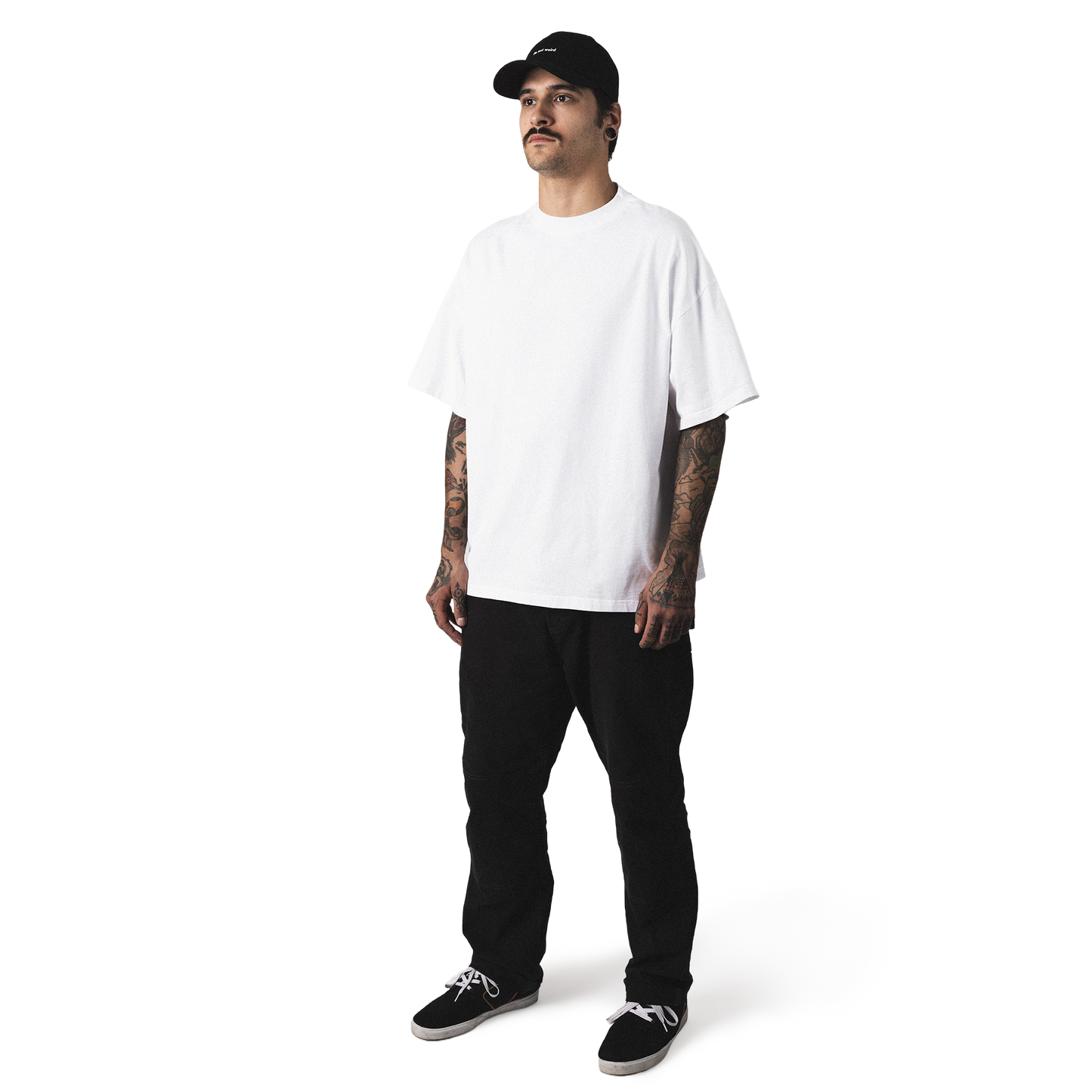 Oversized heavy cotton t-shirt front model view minimalist wisdom guardian design