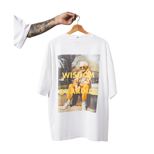 Oversized heavy cotton t-shirt back view minimalist wisdom guardian back print  design with smiley embroidery