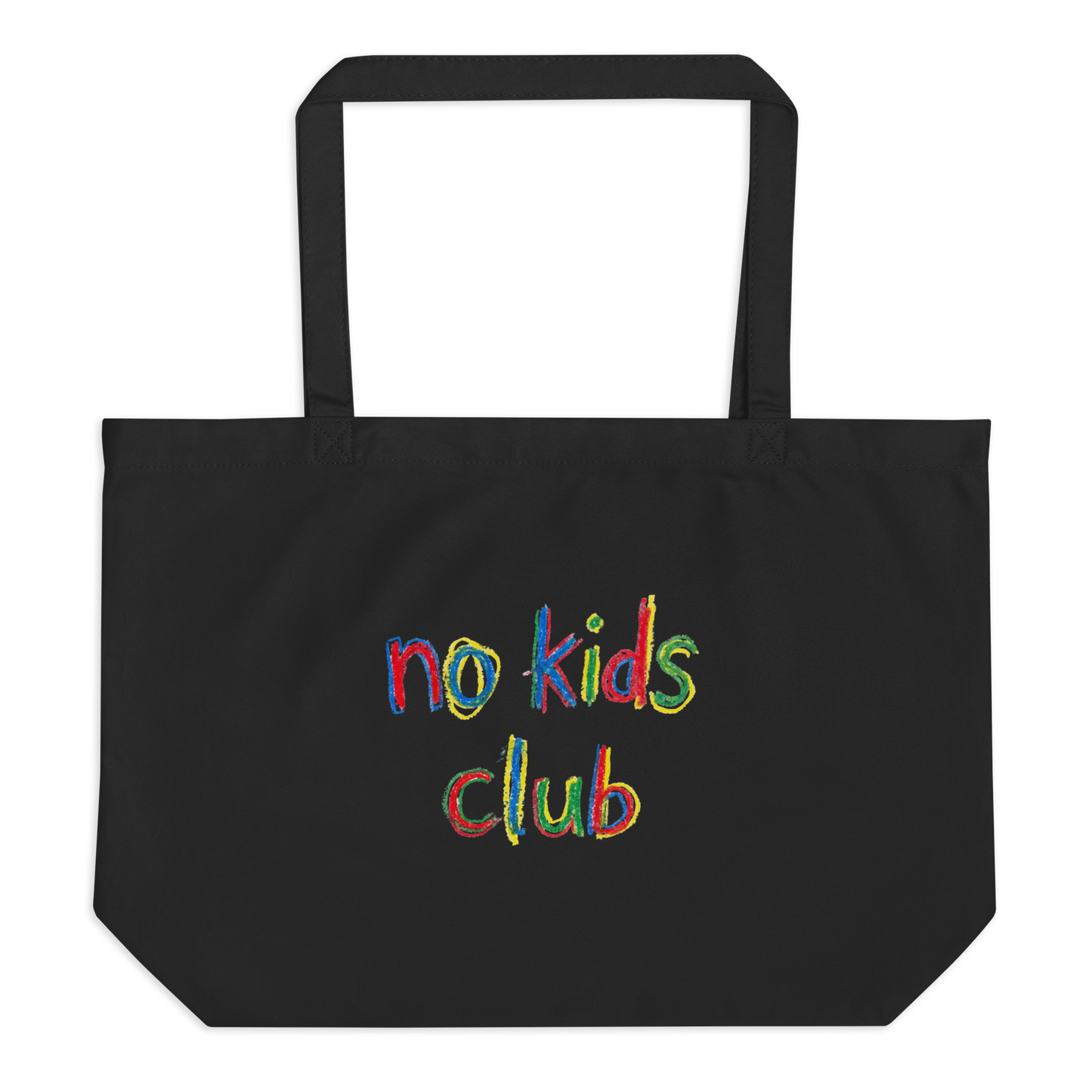 Black large tote bag, front view – "no kids club" multicolor print