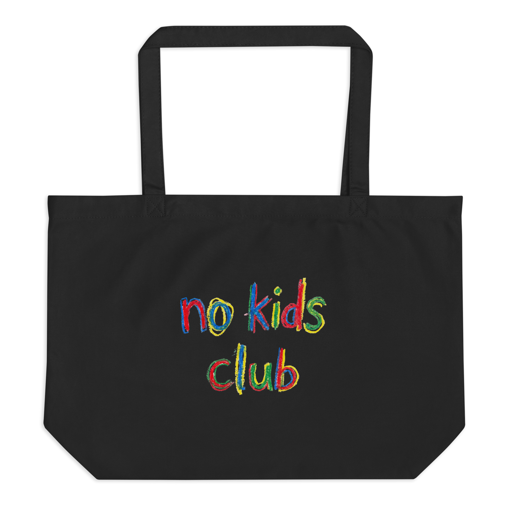 Black large tote bag, front view – "no kids club" multicolor print