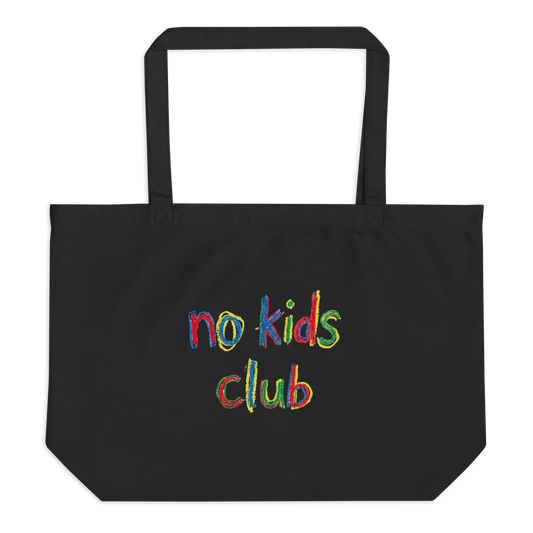 Black large tote bag, front view – "no kids club" multicolor print