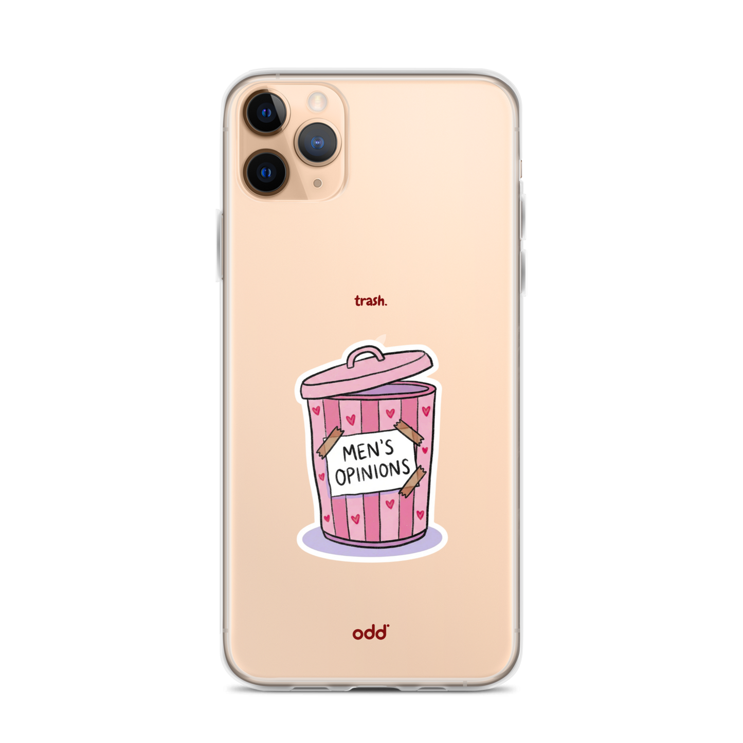 oddjuice trash case – clear iPhone case with pink "Men's Opinions" trash can graphic on back, back view, iPhone 11 pro