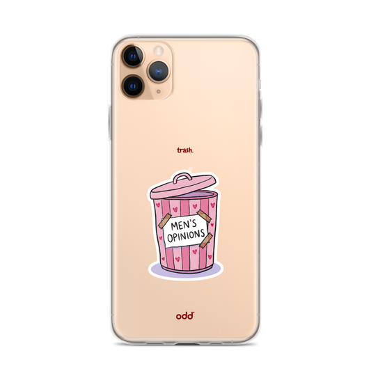 oddjuice trash case – clear iPhone case with pink "Men's Opinions" trash can graphic on back, back view, iPhone 11 pro