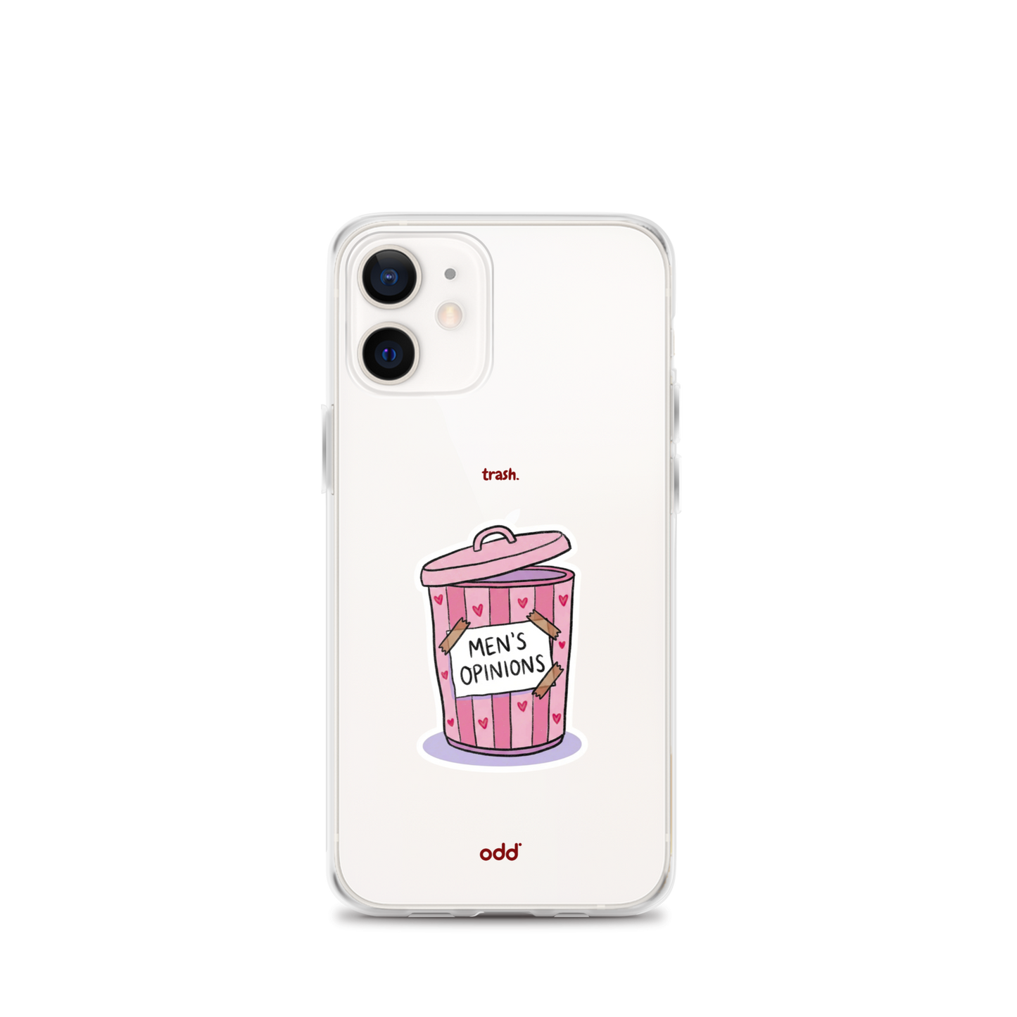 oddjuice trash case – clear iPhone case with pink "Men's Opinions" trash can graphic on back, back view, iPhone 12 mini