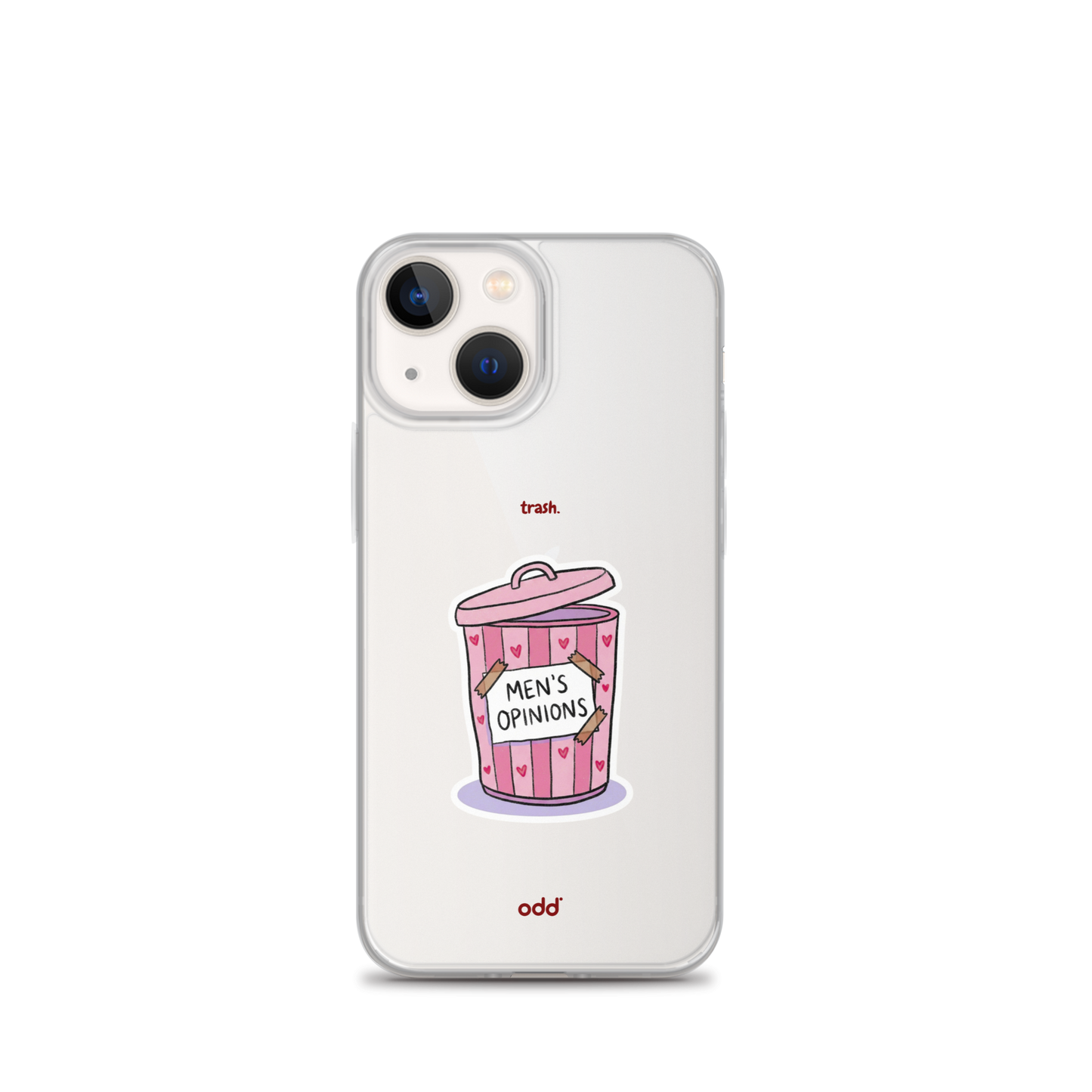oddjuice trash case – clear iPhone case with pink "Men's Opinions" trash can graphic on back, back view, iPhone 13 mini