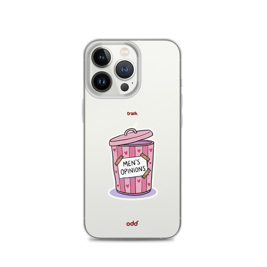 oddjuice trash case – clear iPhone case with pink "Men's Opinions" trash can graphic on back, back view, iPhone 13 pro