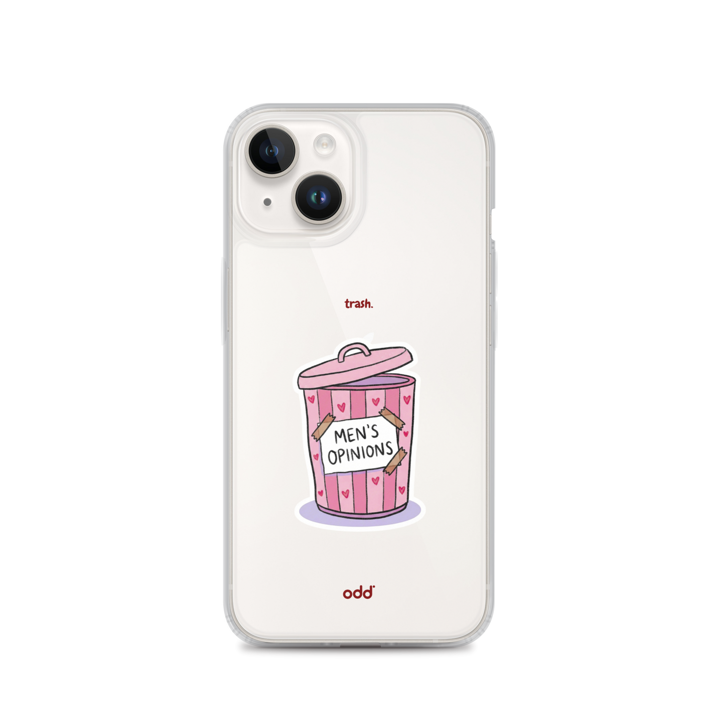 oddjuice trash case – clear iPhone case with pink "Men's Opinions" trash can graphic on back, back view, iPhone 14