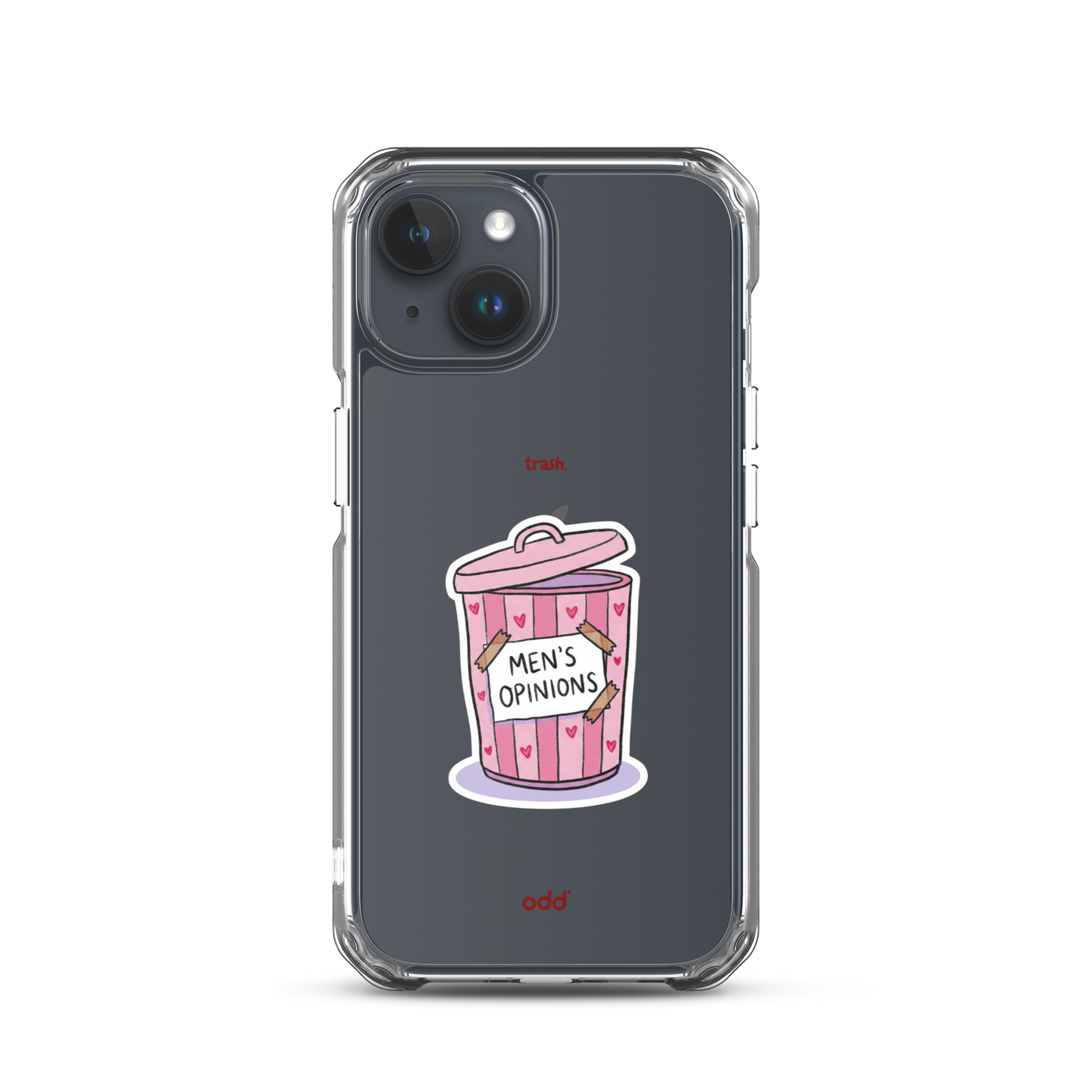 oddjuice trash case – clear iPhone case with pink "Men's Opinions" trash can graphic on back, back view, iPhone 15
