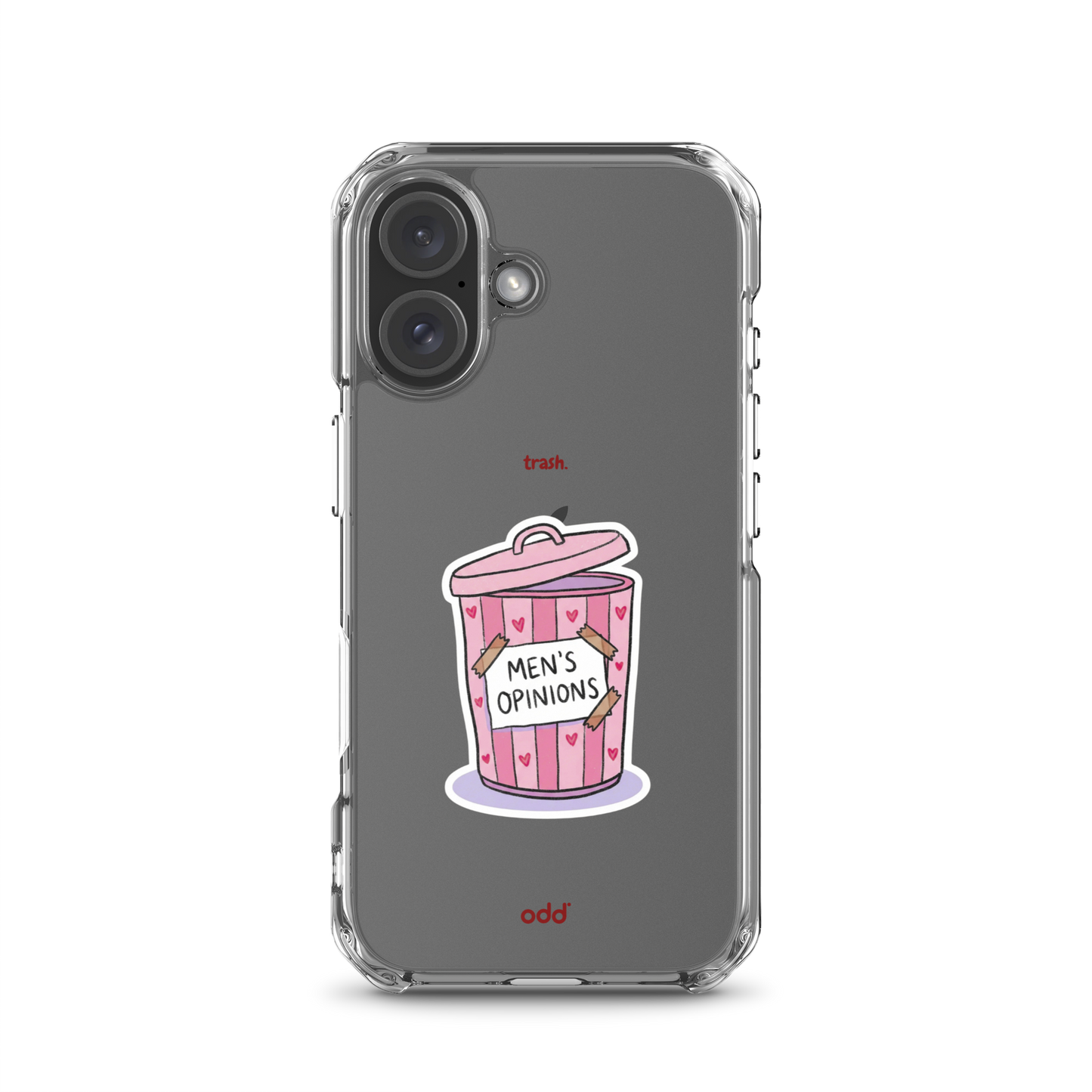 oddjuice trash case – clear iPhone case with pink "Men's Opinions" trash can graphic on back, back view, iPhone 16