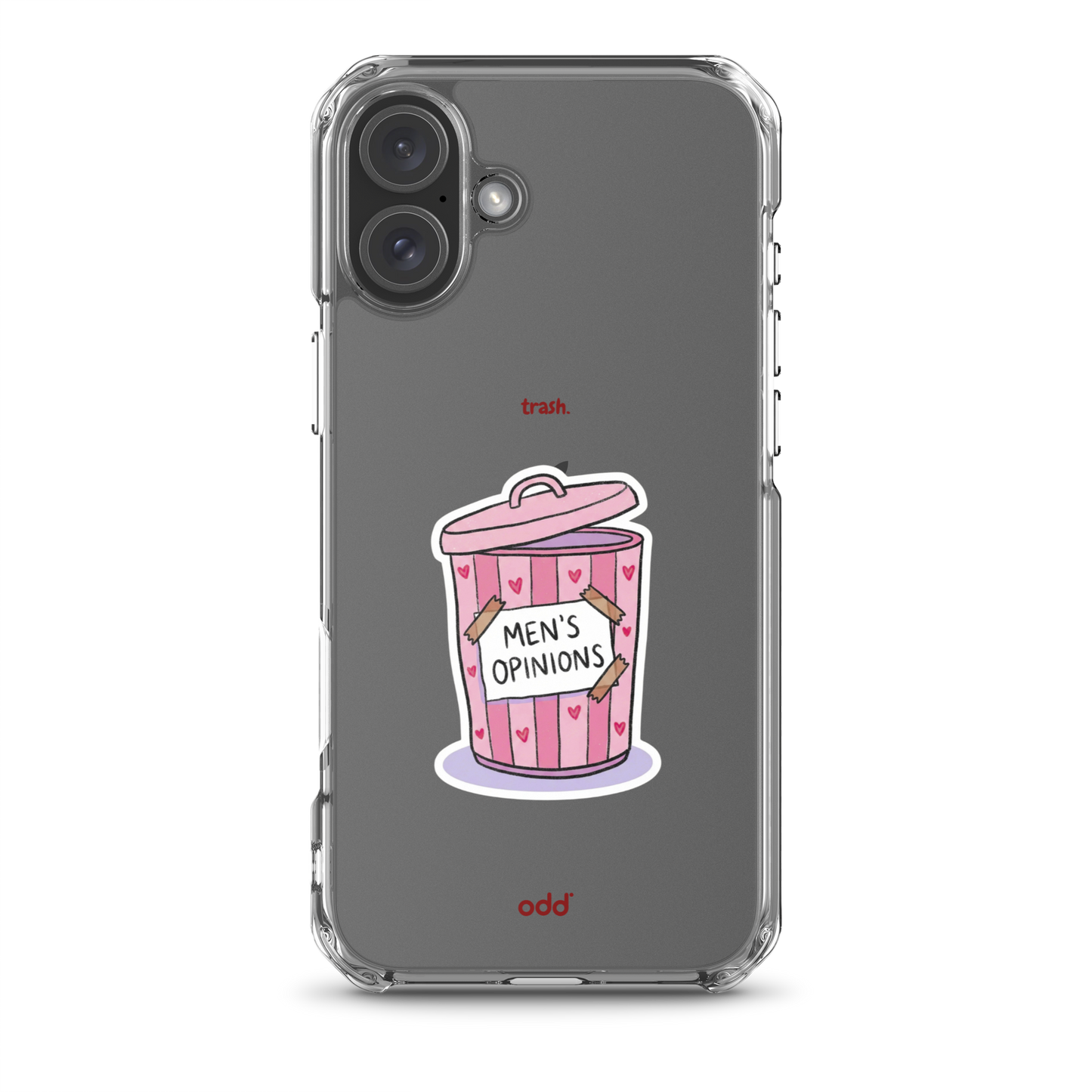 oddjuice trash case – clear iPhone case with pink "Men's Opinions" trash can graphic on back, back view, iPhone 16 plus