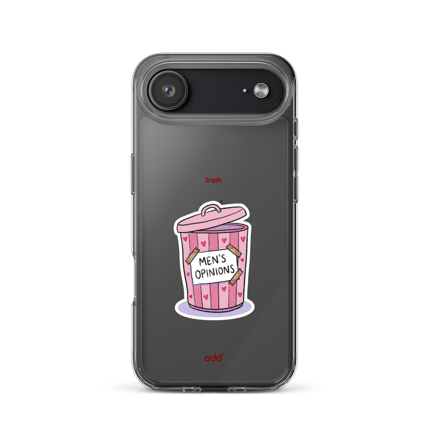 oddjuice trash case – clear iPhone case with pink "Men's Opinions" trash can graphic on back, back view, iPhone 17 air