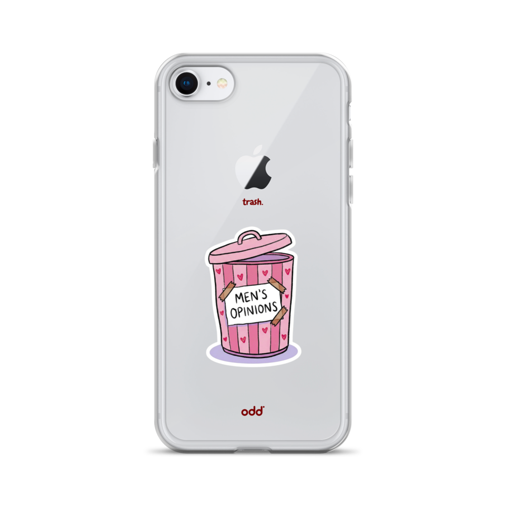 oddjuice trash case – clear iPhone case with pink "Men's Opinions" trash can graphic on back, back view, iPhone 7 8