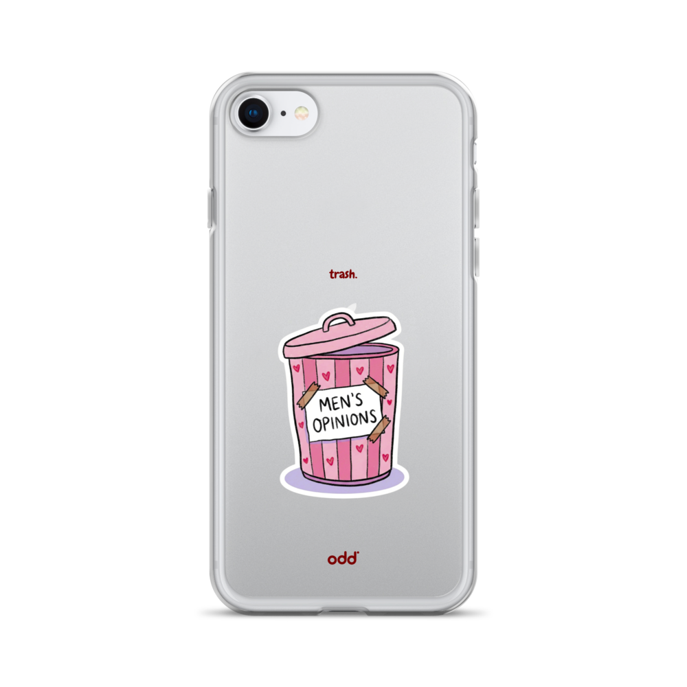 oddjuice trash case – clear iPhone case with pink "Men's Opinions" trash can graphic on back, back view, iPhone 