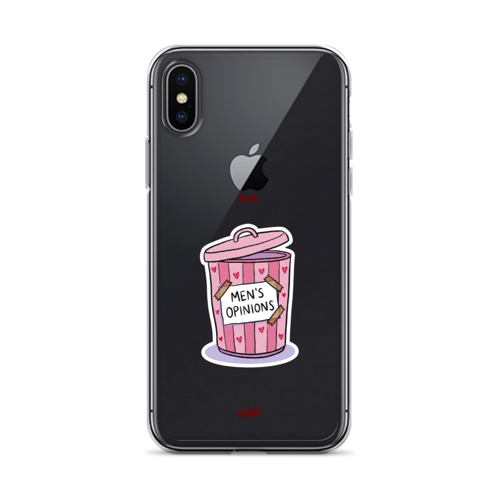 oddjuice trash case – clear iPhone case with pink "Men's Opinions" trash can graphic on back, back view, iPhone x xs
