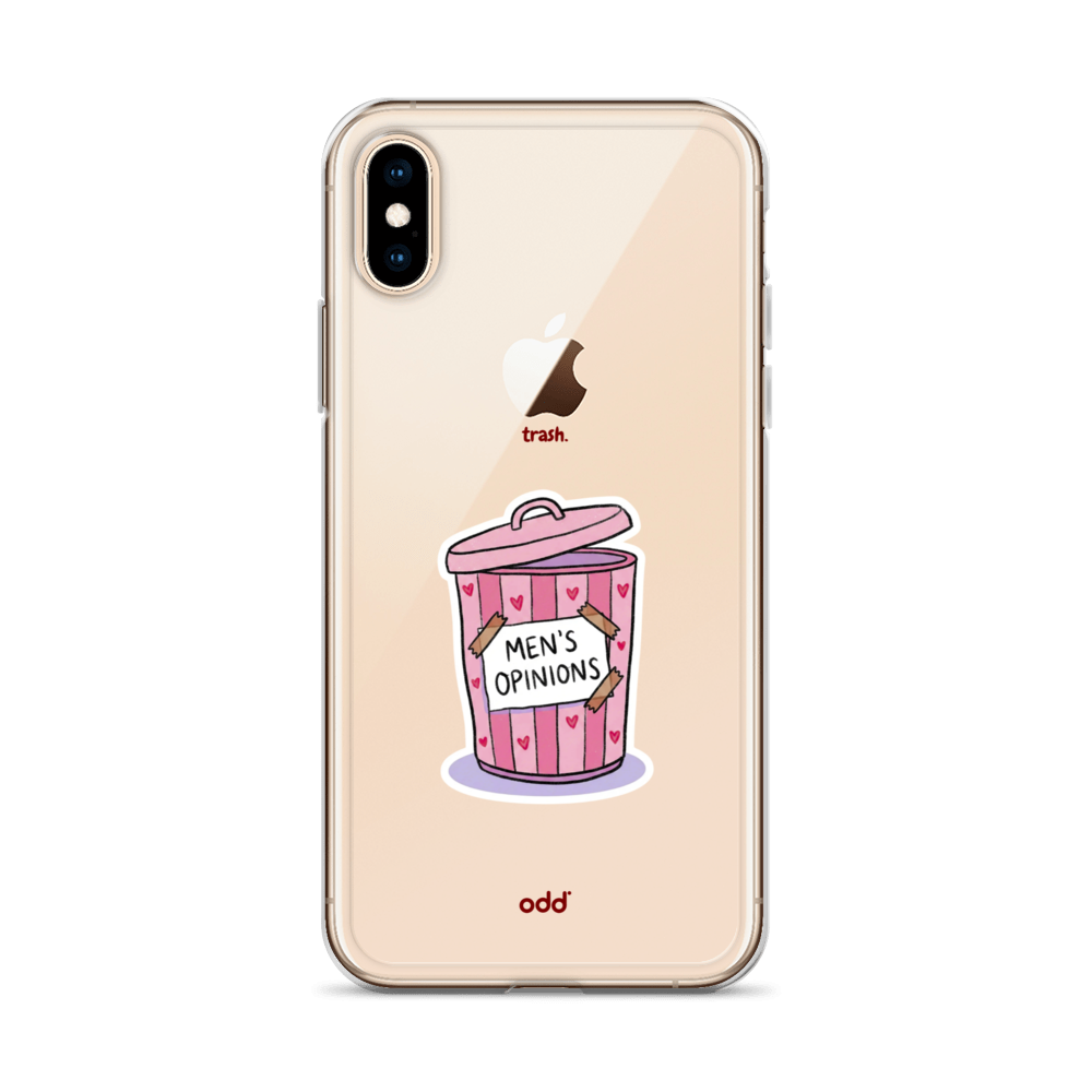 oddjuice trash case – clear iPhone case with pink "Men's Opinions" trash can graphic on back, back view, iPhone x xs