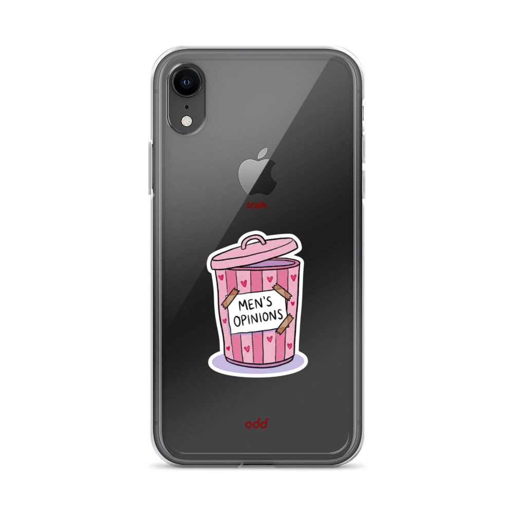 oddjuice trash case – clear iPhone case with pink "Men's Opinions" trash can graphic on back, back view, iPhone xr